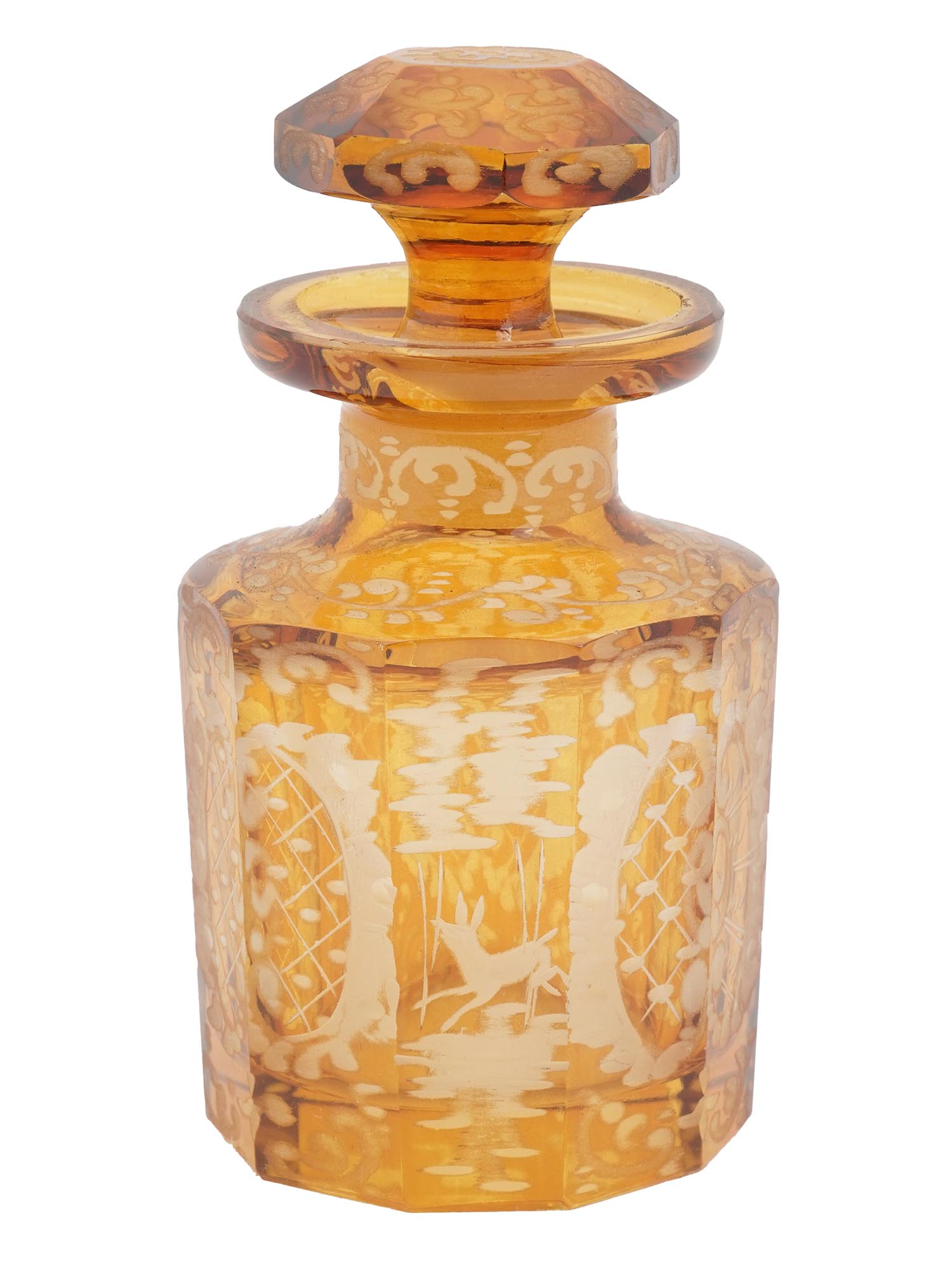 BOHEMIAN AMBER ETCHED GLASS BOTTLE WITH STOPPER PIC-1